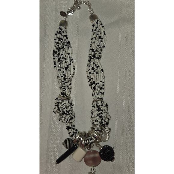 Chicos Black White Beaded Statement Necklace Small beads Costume 20" Indian - Picture 5 of 11